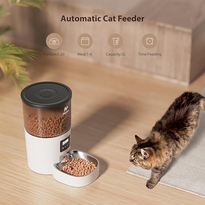 Automatic Cat Feeder, 3L Timed Pet Dry Food Dispenser with Clog-Free Design, Auto Feeder for Cats, 1-6 Meals Per Day,with Stainless Steel-PawvioPets