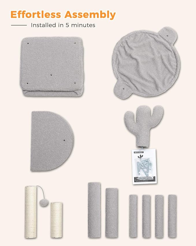 Cactus Cat Tree Cat Scratching Post 40" Cat Tower with Large Metal Carpet Hammock, Cat Scratching Post for Indoor Cats with Condo& Dangling Ball, Grey-PawvioPets