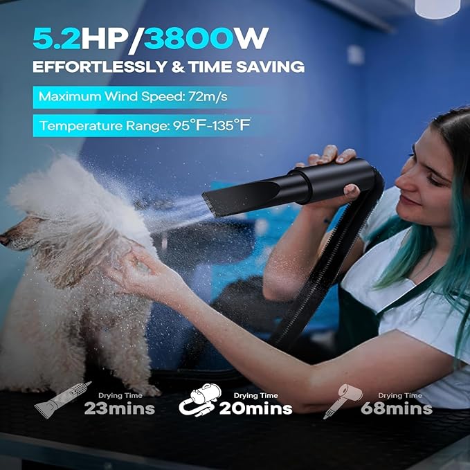 Dog Dryer, 5.2HP/ 3800W Pet Grooming High Velocity Force Blower with 4 Nozzles, Adjustable Speed and Temperature Dog Hair Dryers for Grooming-PawvioPets