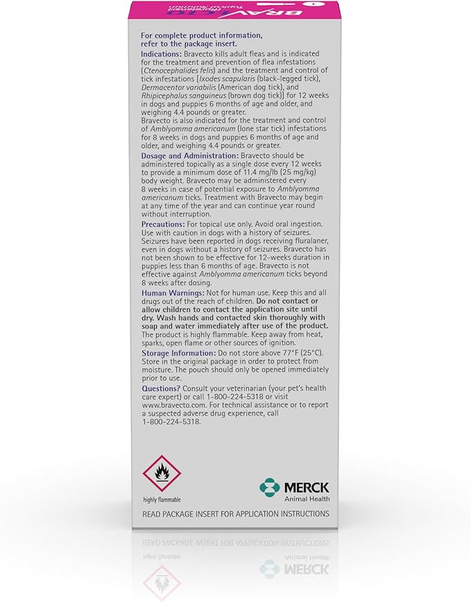 BRAVECTO Topical Solution for Dogs, Flea & Tick, 12 Week Supply, >88-123 lbs., Pink Box-PawvioPets