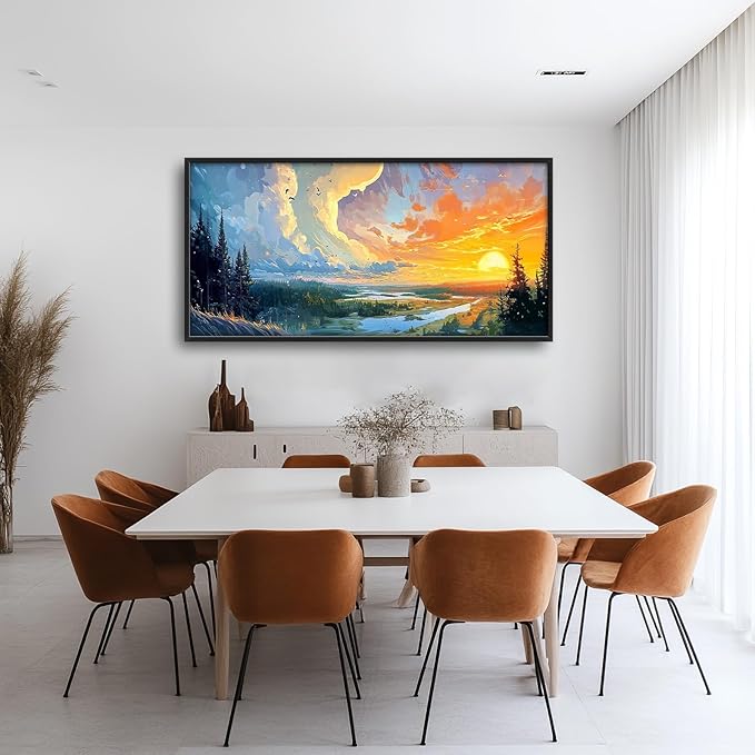 Framed Large Sunrise Wall Art for Living Room, Oversized Sunrise Wall Decor Forest Lake Landscape Canvas Print Natural Picture Home Decoration for Bedroom Living Room Office 60"x30"-PawvioPets