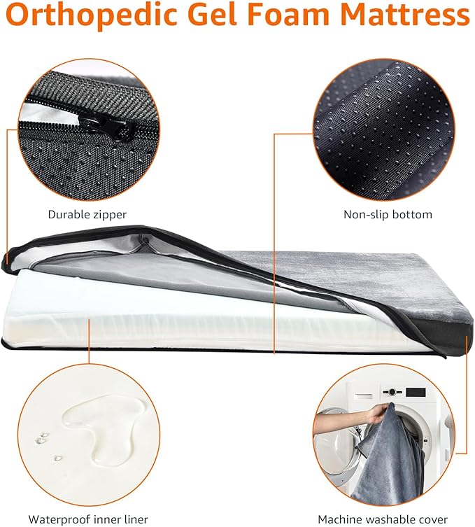 Amazon Basics Dog Bed with Cooling Gel Memory Foam, Pressure-Relief Support for Dogs up to 120lbs, Non-Slip Bottom, Machine Washable Cover, Giant Sized (50" x 34"), Grey-PawvioPets