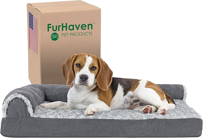 Furhaven Cooling Gel Dog Bed for Medium/Small Dogs w/ Removable Bolsters & Washable Cover, For Dogs Up to 35 lbs - Two-Tone Plush Faux Fur & Suede L Shaped Chaise - Stone Gray, Medium-PawvioPets