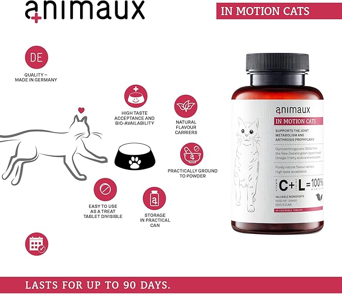 animaux - in Motion Cats, Green-lipped Mussel, Devil's Claw, Rose Hip & Ginkgo, Support for Bones, Joints, Cartilage, tendons, with Hyaluron, Collagen, 90 chewable Tablets, 90 Days Supply-PawvioPets