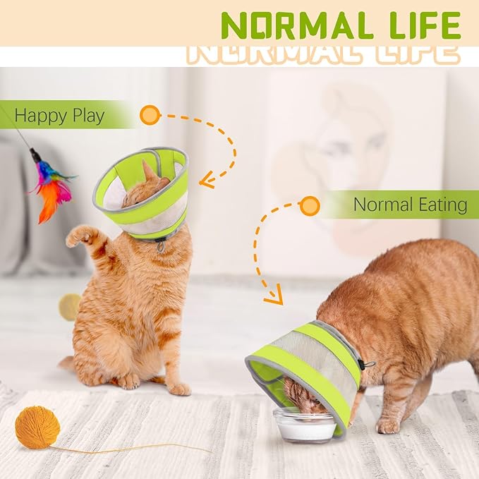 Breathable Air Mesh Cat Cone Collar Soft - Adjustable Recovery Collar to Stop Licking After Surgery, Foldable Lightweight E-Collar for Cats & Kittens (Green,S)-PawvioPets