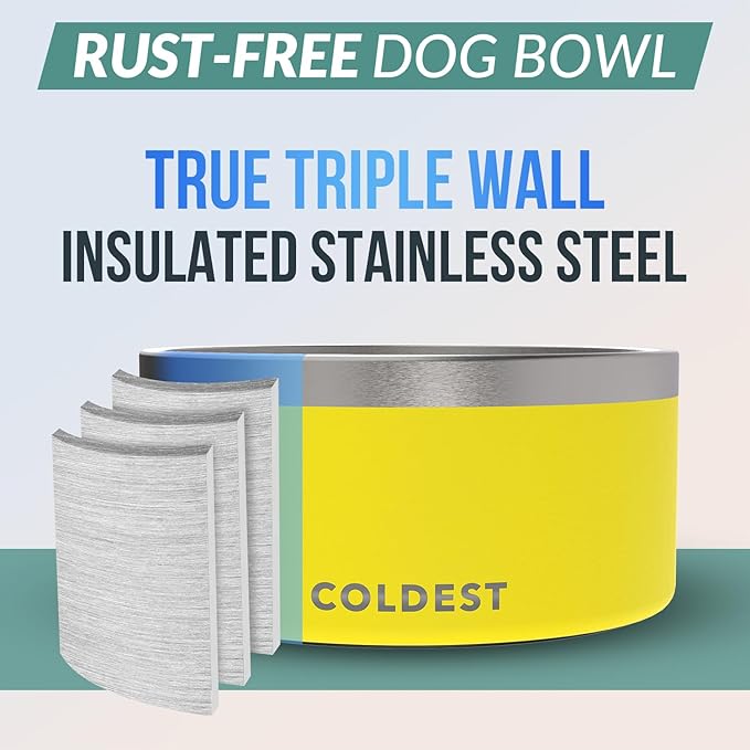 Coldest Dog Bowl - Anti Rust Metal, Non Slip, 3 Layers Insulated Stainless Steel Dog Bowls - Spill Proof & Heavy Duty - Water Bowl for Dogs, Cats & Pets, Dish Washer Safe (200 oz, Solar Yellow)-PawvioPets