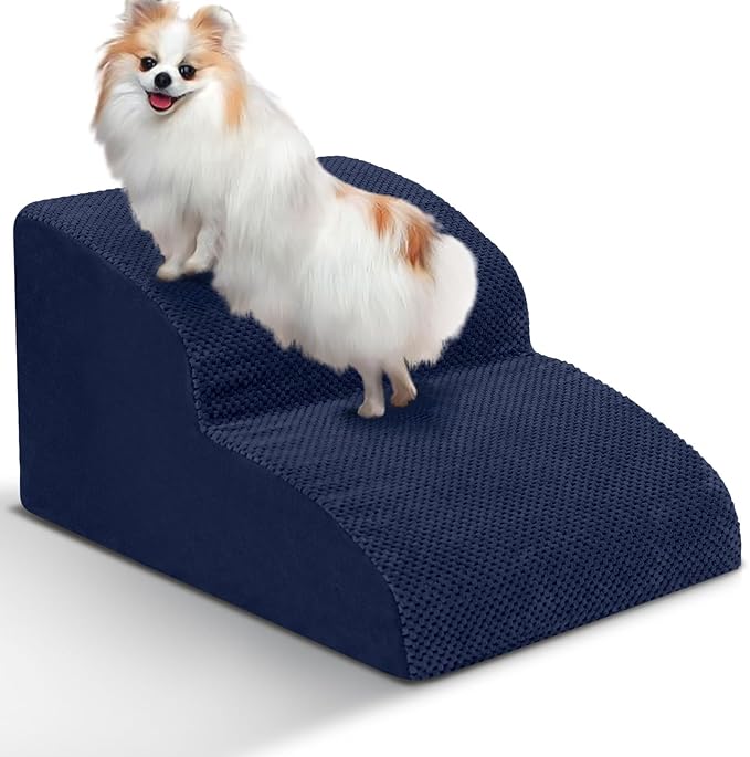 Dog Stairs for Small Dogs - High Density Foam Pet Steps, Extra Wide Dog Ramp with Non-Slip Bottom for High Beds, Couch and Sofa, Best for Dogs Injured, Older Doggy Cats,2 Steps, Navy-PawvioPets