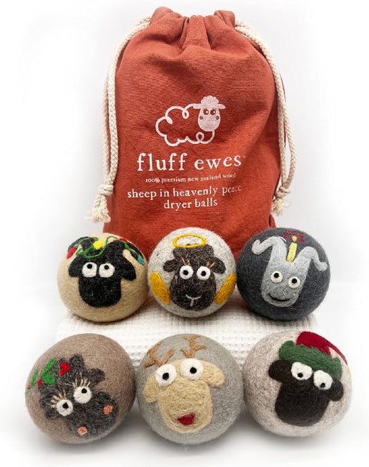 Fluff Ewes Wool Dryer Balls 6 Pack Premium New Zealand Wool Laundry Balls for Dryer, No Static Dryer Balls Laundry Reusable, XL Christmas Dryer Balls, Holiday Dryer Balls - Sheep in Heavenly Peace-PawvioPets