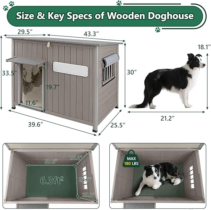 43.3" L Large Outdoor Dog House Weatherproof Doghouse for Medium to Large Dogs with Anti Bite Frames Wooden Dog Kennel with Window,8 Elevated Feet,Reinforced Bottom for Pet Up to 180 LBS-PawvioPets