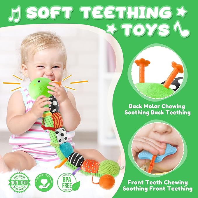 Baby Toys 0-6-12 Months,Musical Caterpillar Stuffed Animals Activity Infant Toys with Crinkle,Rattles,Mirror&Pull String,Muti-Sensory Toys Gifts for Newborn Tummy Time,Green,Knot prolegs-PawvioPets