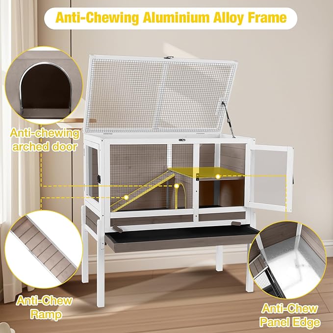 Aivituvin 2-Story Rabbit Hutch with Anti-Chew Ramp & Zinc Sheet - 36.6" Indoor Guinea Pig Cage, Wooden Stand, Pull-Out Tray & Leakproof Floor (Brown)-PawvioPets