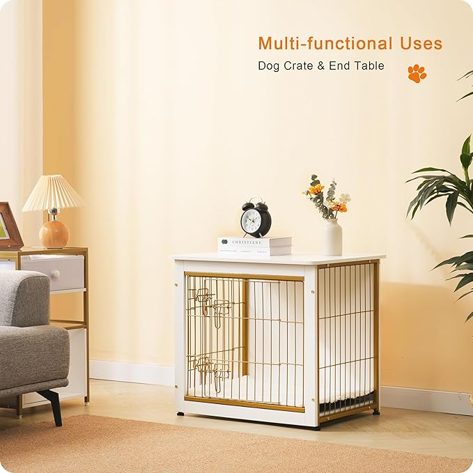 DWANTON Dog Crate Furniture with Cushion, Wooden Kennel Table with Double Doors, Indoor Dog House, Small/Medium/Large Size, 27.2" L, White-PawvioPets