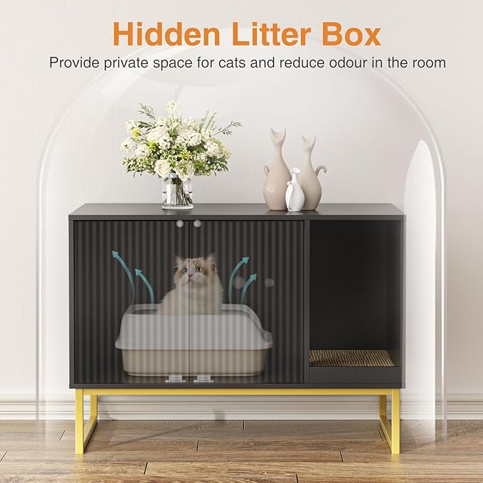 Cat Litter Box Enclosure, Fluted Hidden Litter Box Furniture with Scratch Pad and Metal Legs, Modern Enclosed Cat Cabinet, 31.5 x 17.7 x 21.7 Inches Indoor Pet House for Living Room, Washroom, Black-PawvioPets