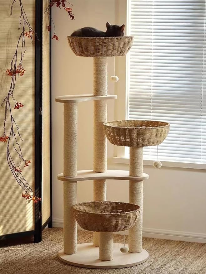 54" Large Modern Cat Trees, Luxury Rattan Oak Solid Wood Cat Trees Towers，3 Weaving Cat Nests & Washable Cool Cushions, Sisal Scratching Posts,Cat Condo for Indoor Cats- Wood Wax Oil Version-PawvioPets