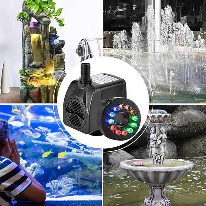 15W 1000L/H Submersible Fountain Water Pump with 12 Colorful LED Lights, Mushroom and Blossom Spray Head for Fountain,Pond,Outdoor Water Feature, Statuary Gardens,Aquarium Fish Tank-PawvioPets