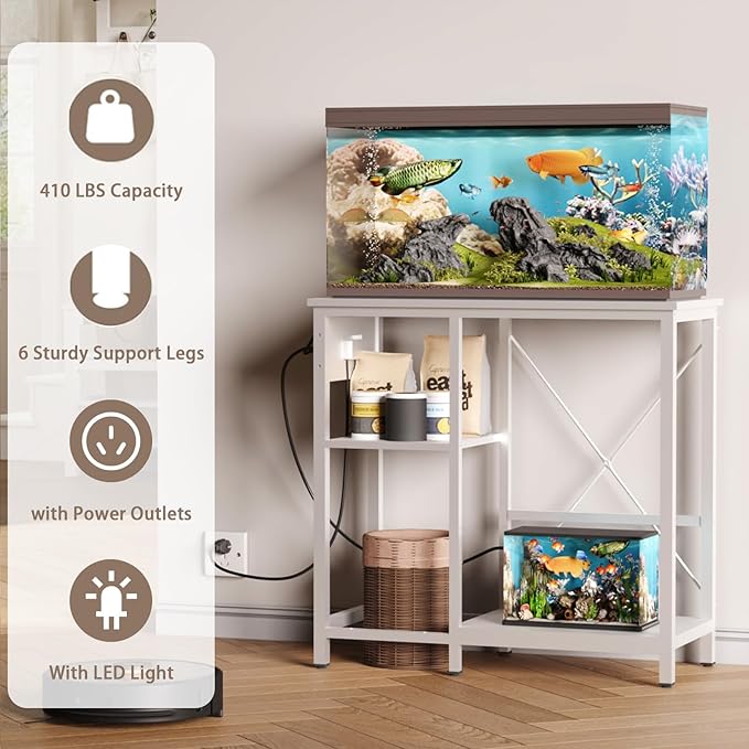 20-29 Gallon Fish Tank Stand with Power Outlet & LED Light, Metal Aquarium Stand with 3 Tier Adjustable Storage Shelves, Tank Stand for Reptile Tank, Turtle Tank, 30.7" L*13.8" W, White-PawvioPets