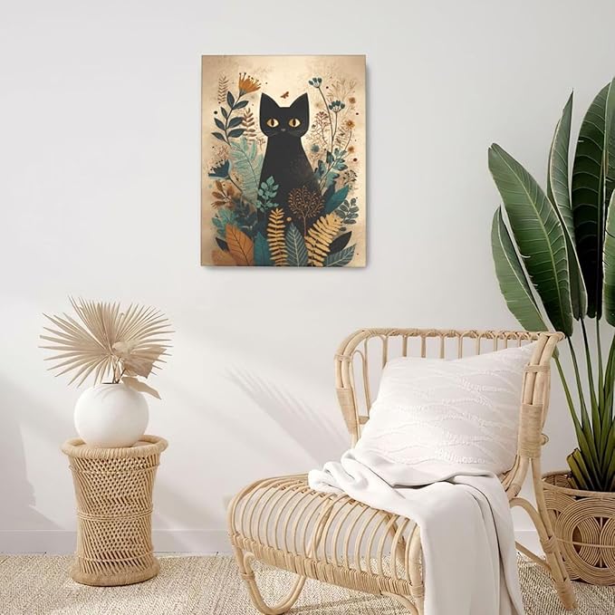 Boho Black Cat Wall Art Kitten Botanical Wall Decor Mid Century Modern Canvas Painting Print Minimalist Pictures Artwork Framed Decorations Gifts for Cat Lover Bathroom Nursery Living Room Bedroom Kitchen 16"x20"-PawvioPets
