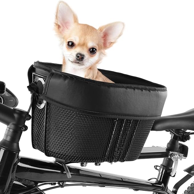Dog Bike Basket Mountain Bike Shopping Basket Portable Cat and Dog Carrier for Bike Front Crossbar with Sponge Liner ty Strap (Black)-PawvioPets