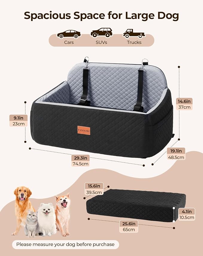 Dog Car Seat for Large Medium Dogs, Pet Car Seat Under 55 lbs or 2 Puppies, Removable Washable Pets Travel Booster Bed for Automotive Backseat with Comfy Thick Cushion, 2 Safety Leashes(Black/Gray)-PawvioPets