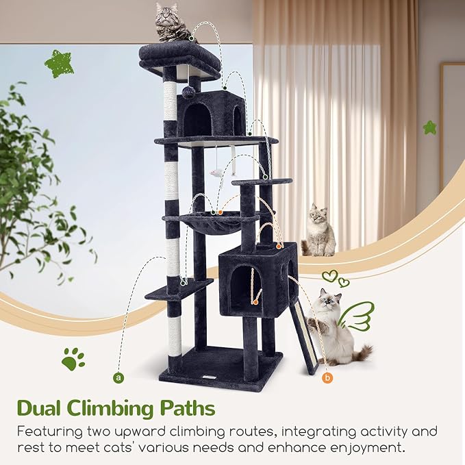 Globlazer Heavy Duty Cat Tree, 70 inch Sturdy Cat Tree for Indoor Cats Extra Large Cat Tower with Scratching Post, Hammock, Cat Condo for Adult Cats Kittens, F70 Pro, Dark Grey-PawvioPets
