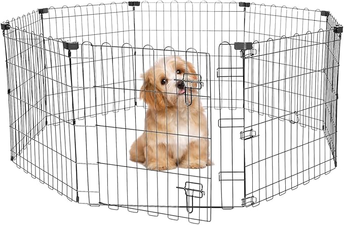 Foldable Dog Playpen 24" Height 8 Panels Metal Exercise Pen with Door - Indoor/Outdoor Puppy Playpen for Small Dogs, Portable Pet Fence for Yard Garden Camping, Black-PawvioPets