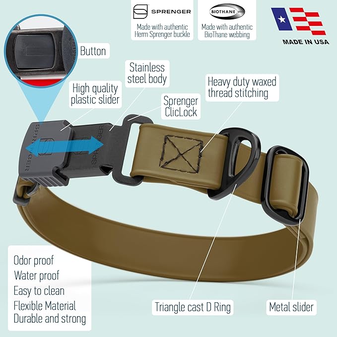 Dogline Biothane Waterproof Dog Collar with Herm Sprenger Stainless Steel Quick Release Buckle – Heavy Duty Tactical Durable Collar for Dogs – Comfortable and Safe Pet Collar, W 1" L 15-25", Brown-PawvioPets