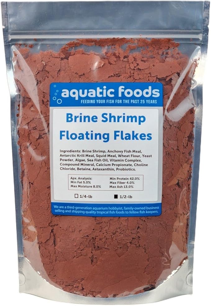 Aquatic Foods Inc. Brine Shrimp Flakes for Freshwater Cichlids, Angels, Tetras, Guppies, Marine Tangs, Butterflies, Angelfish, Anthias, Clown Fish. WL…1/2-lb Foil Pouch Bag-PawvioPets