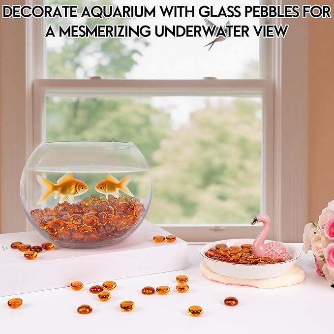 1LB Glass Marbles, Transparent and Smooth Flat Glass Beads for Vases, Mosaic Gem Pebbles for Aquarium Decor, Floral Arrangements, Mancala Stones, Vase Filler and Crafts, Orange-PawvioPets
