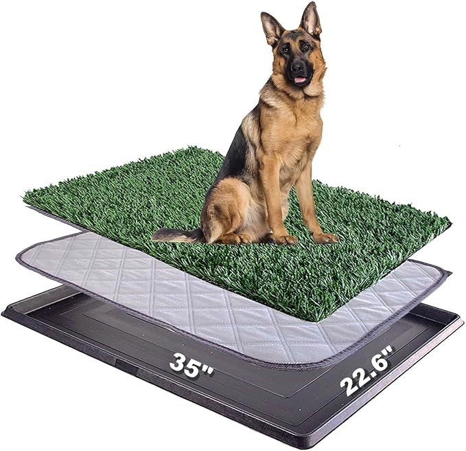 35"X22.6" Dog Grass Pad with Tray - Indoor/Outdoor Artificial Turf Potty Training Mat for Large Dogs, Portable Dog Litter Box for Balcony/Patio, Washable Reusable Pee Pad and Fake Grass for Dogs-PawvioPets