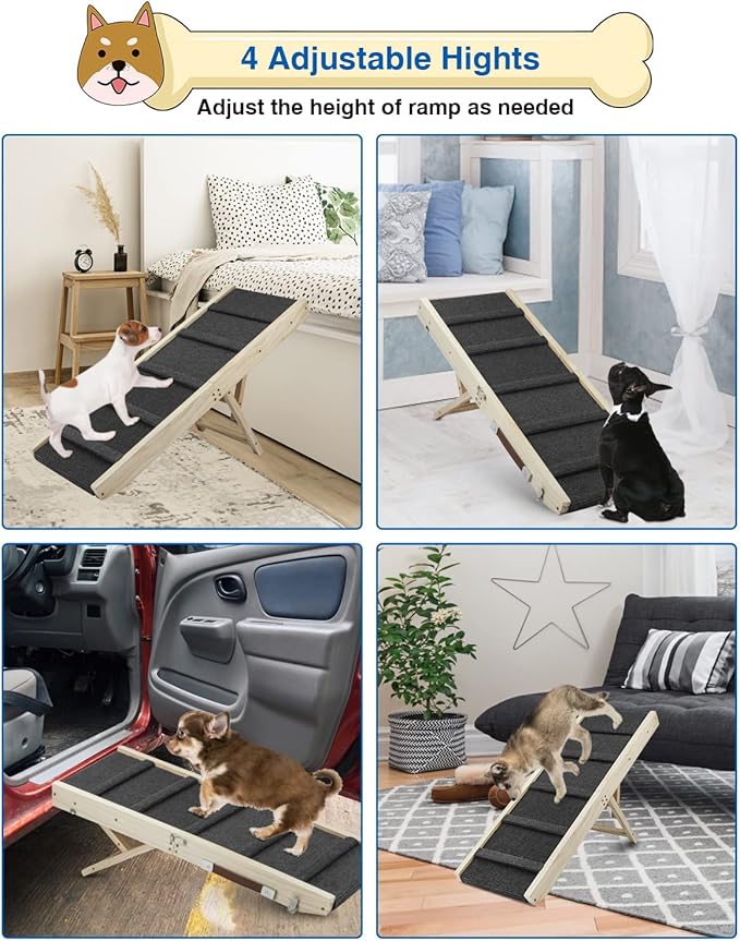 Adjustable Dog Ramp, Wooden Folding Portable Pet Ramp,Rated for 30 LBS, 32.6" Long and Adjustable from 10" to 19" with Non-Slip Traction Mat, Dog Step for Bed, Couch,Car (Grey)-PawvioPets