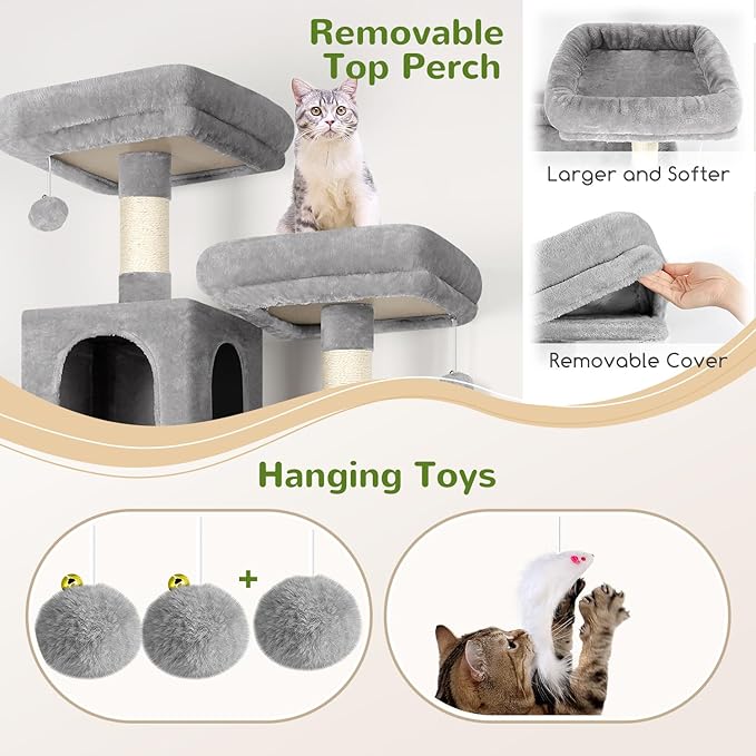 Globlazer Cat Tree Tower, 76-Inch Extra Tall Multi-Level Cat Furniture with Cozy Condos, Hammock and Perches for Adult Cats, Perfect for Climbing, Scratching, and Play, F76, Light Grey-PawvioPets