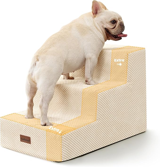Dog Stairs for Small Dogs & Cats, 3-Step Extra Wide Non-Slip Pet Steps for Couch Sofa and Chair, Beige, 15.7" H-PawvioPets