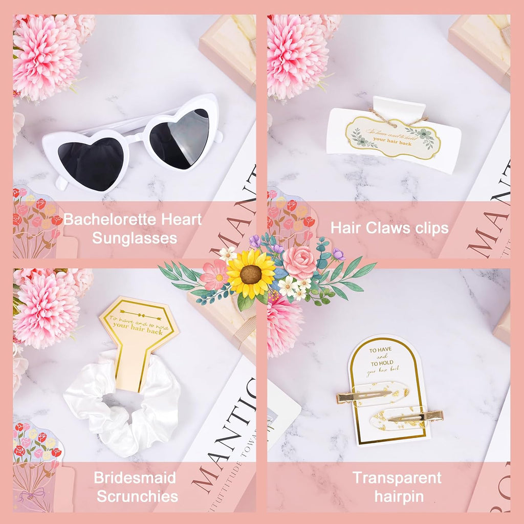 White Bridesmaid Proposal Gift Set, 8PCS Hair Claw, Scrunchies, Makeup Clips & Heart Sunglasses – Elegant Gift for Wedding Party Favors, Maid of Honor, Girls and Teen Birthday Gifts