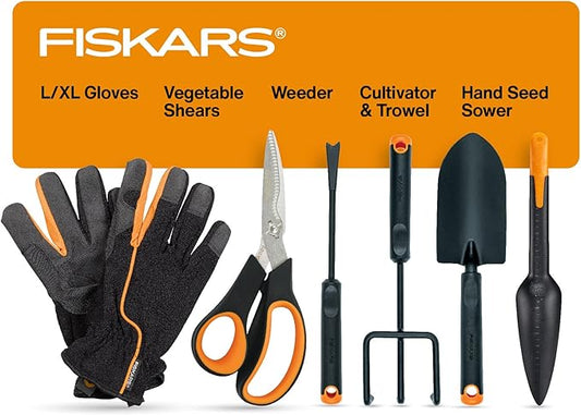 Fiskars Vegetable Garden Tool Set with Vegetable Shears, Seed Sower, Trowel, Cultivator, Weeder, and L/XL Garden Gloves for Indoor or Outdoor Gardening (6 Piece Kit), Gardening Gifts for Women-PawvioPets