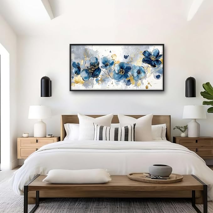 Extra Large Framed Abstract Blue Flower Wall Art,Oversized Golden Grey Floral Wall Decor Pictures for Living Room,Canvas Print Painting Modern Artwork Bedroom Office Bathroom Home Decor 60L" x 30W"-PawvioPets