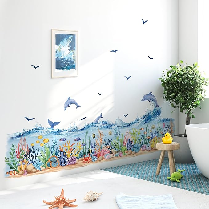decalmile Under The Sea Seaweed Grass Wall Decals Dolphins Fish Ocean Wave Baseboard Skirting Line Wall Stickers Kids Bedroom Bathroom Wall Decor-PawvioPets