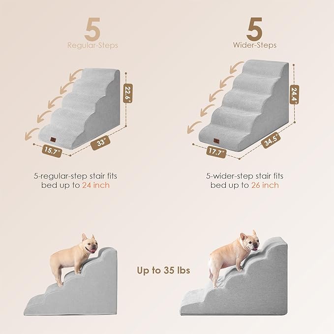 EHEYCIGA Curved Dog Stairs Ramp for High Beds, 5-Step Extra Wide Dog Steps for Small Dogs and Cats, Pet Stairs for High Bed Climbing, Non-Slip Balanced Pet Step Indoor, Light Grey-PawvioPets