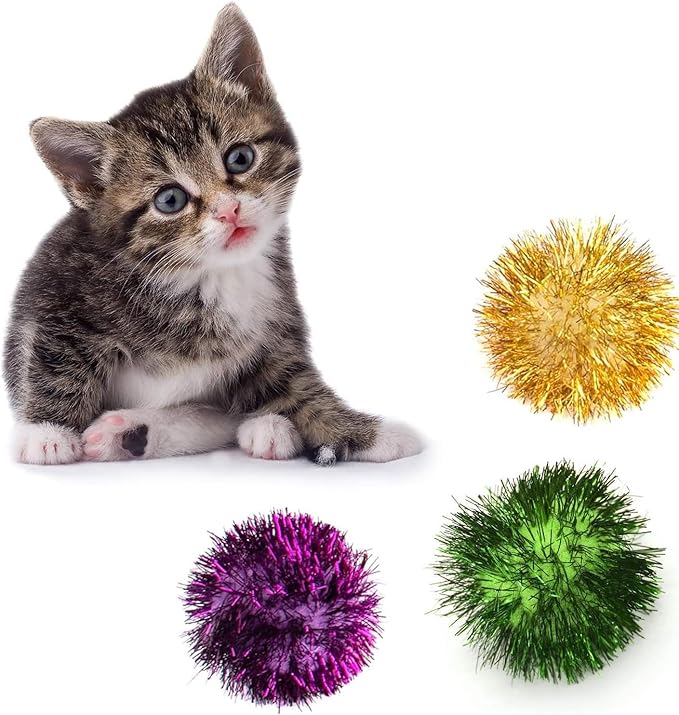 AUEAR, 12 Pack 2 Inch Sparkle Ball Shiny Glitter Tinsel Pom Poms Interactive Cat Balls for Kittens (4 Colors, 12 Inch-12 Pack)-PawvioPets