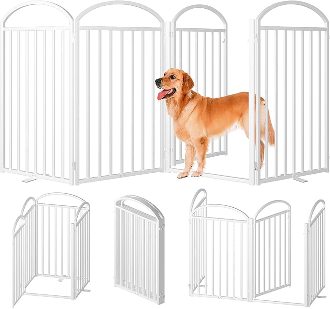 4 Panles Full Matel Freestanding Dog Gates with Door, 96"Extra Wide 36"Tall Free Standing Dog Pet Gate for Indoor & Outdoor. Foldable Pet Fences for Doorways, House, Stairs, Porch, Deck, Yard-PawvioPets