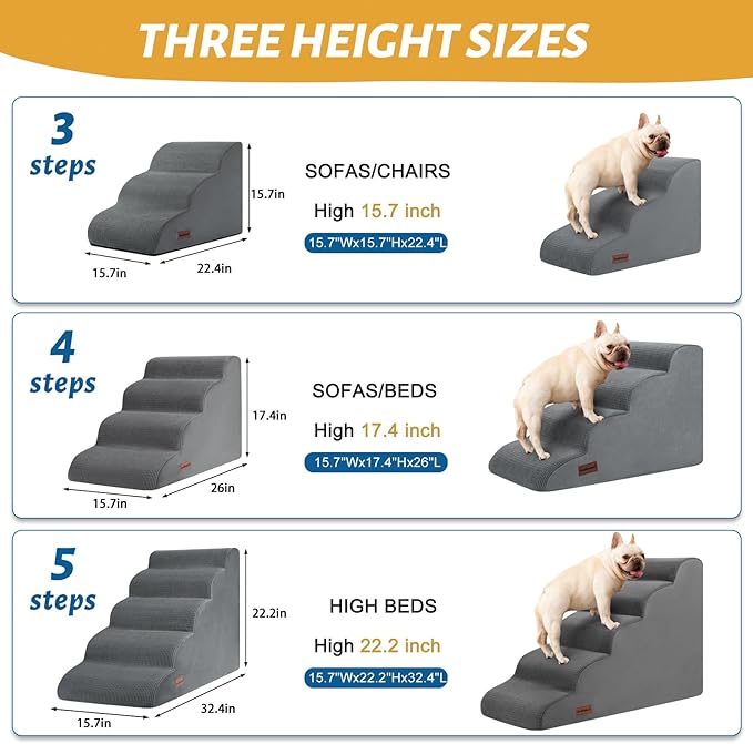 4-Step Dog Stairs and Ramp for Beds or Couches – Non-Slip Sturdy Pet Steps for Small Dogs and Cats,17.4" H,Grey-PawvioPets