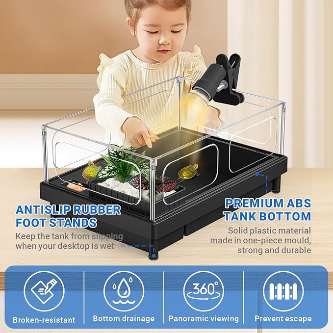 GOZILLA Small Turtle Tank with Adjustable Lamp, Acrylic Turtle Tank Starter Kit, Reptile Habitat and Terrarium with Multi-Functional Areas for Tortoise, Crab, Crayfish, Small Reptile.(Tank+Lamp)-PawvioPets