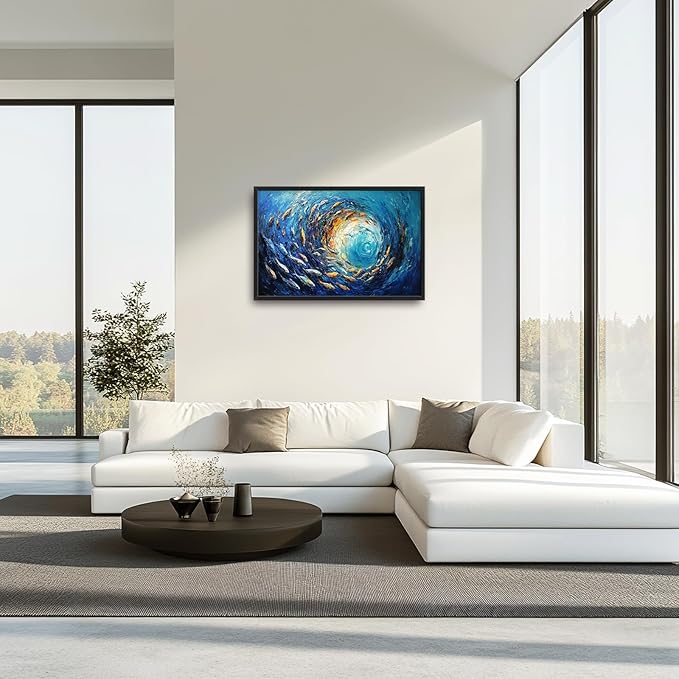 Extra Large Framed Abstract Ocean Fish Wall Art,Oversized Blue Sea Nautical Fish Wall Decor Pictures for Living Room,Canvas Print Painting Modern Artwork Bedroom Office Bathroom Home Decor 36L x24W-PawvioPets
