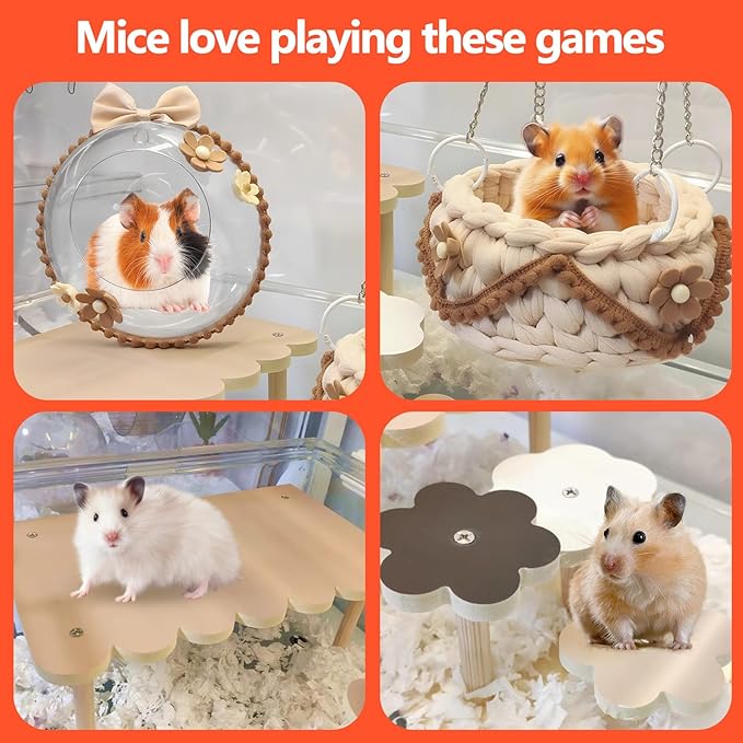 4-Pack Wooden Rat Cage Accessories - Platforms, Ladders & Hammocks Set for Chinchillas, Hamsters, Gerbils (for Iron/Wooden, Acrylic Hamster Cages + Customizable Layout) (9.1x5.6x4.3)-PawvioPets