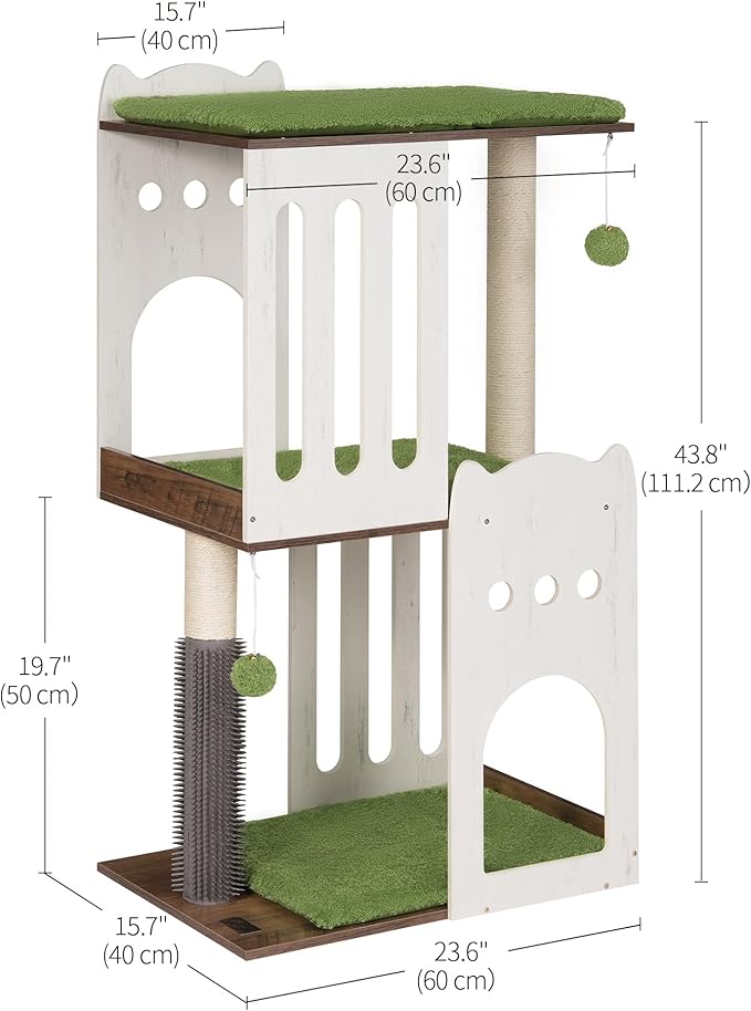 FourFurPets 43.7in 3-Tier Modern Cat Tree Tower Condo, Cat Scratch Posts for Indoor Cats, Big Plate, Two 19.7in Full Sisal Scratching Posts, White-PawvioPets