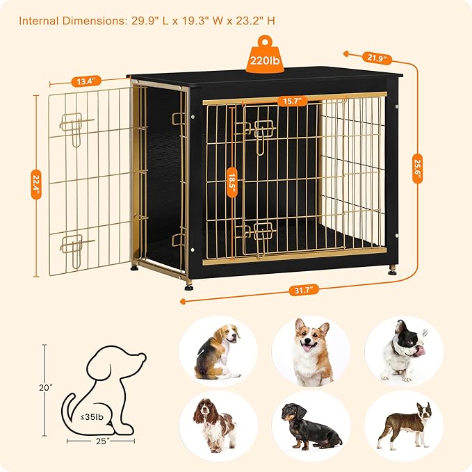 DWANTON Dog Crate Furniture with Cushion, Wooden Kennel Table with Double Doors, Indoor Dog House, Medium Size, 32.5" L, Black+Gold-PawvioPets