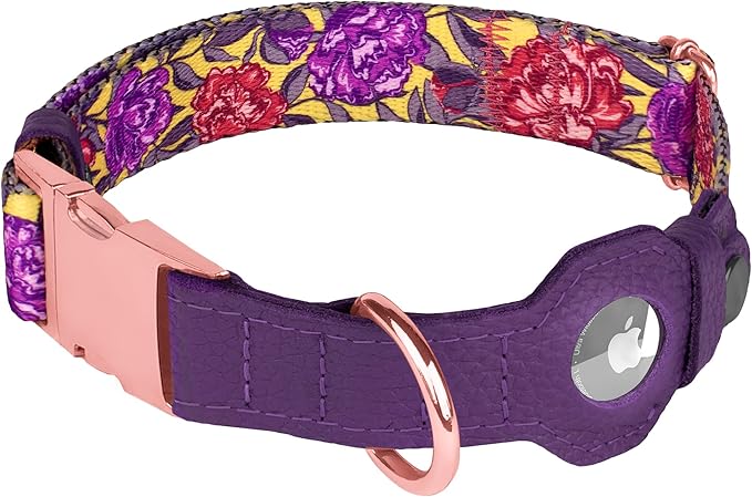AirTag Dog Collar for Small Medium Large Breed - Adjustable Cute Pattern Dog Collar with Airtag Holder - Soft Leather Tracker GPS Apple Air Tag Pet Collars (Small, 12"-15" Neck Fit, Peonies)-PawvioPets