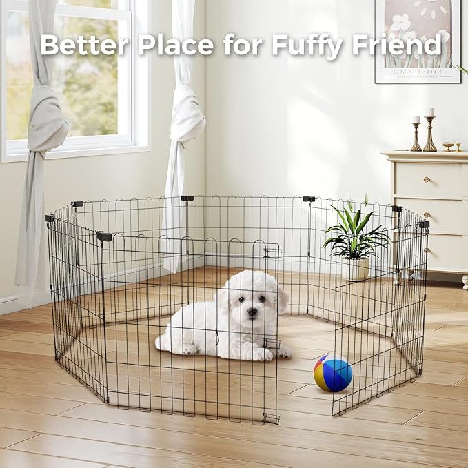 Foldable Dog Playpen 24" Height 8 Panels Metal Exercise Pen No Door - Indoor/Outdoor Puppy Playpen for Small Dogs, Portable Pet Fence for Yard Garden Camping, Black-PawvioPets