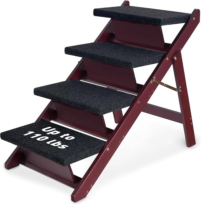 BRIKY Wooden Dog Stairs/Steps - Foldable 4 Steps Dog Steps for High Bed Couch Cars, Non-Slip Pet Stairs for Small Large Medium Dogs and Cats, No Assembly Required-PawvioPets