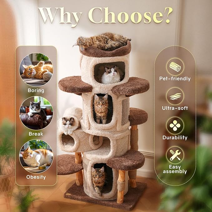 69.69'' Modern Cat Tree for Indoor Cats Large Adult, Luxury Cat Tower with Scratching Post, Multi Level Spacious Condo, Heavy Duty Kitty House, Sturdy Cat Activity Center for Large Cat-PawvioPets