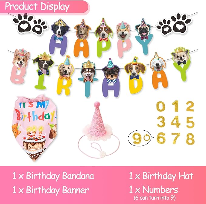 Dog Birthday Party Supplies Set,Birthday Bandana,Boy Girl Dog Birthday Hat with Numbers,Happy Birthday Banner for Golden Retriever French Bulldog Labrador Teddy Husky (Pink)-PawvioPets